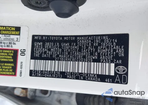 2014 Toyota Corolla Le из США, поврежденный, VIN 2T1BURHE8EC203829